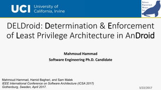 DELDroid: Determination & Enforcement
of Least Privilege Architecture in AnDroid
Mahmoud Hammad
Software Engineering Ph.D. Candidate
Mahmoud Hammad, Hamid Bagheri, and Sam Malek
IEEE International Conference on Software Architecture (ICSA 2017)
Gothenburg, Sweden, April 2017. 3/22/2017
 