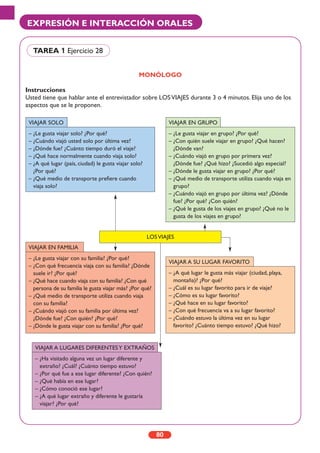 80
EXPRESIÓN E INTERACCIÓN ORALES
MONÓLOGO
Instrucciones
Usted tiene que hablar ante el entrevistador sobre LOSVIAJES durante 3 o 4 minutos. Elija uno de los
aspectos que se le proponen.
TAREA 1 Ejercicio 28
LOSVIAJES
– ¿Le gusta viajar solo? ¿Por qué?
– ¿Cuándo viajó usted solo por última vez?
– ¿Dónde fue? ¿Cuánto tiempo duró el viaje?
– ¿Qué hace normalmente cuando viaja solo?
– ¿A qué lugar (país, ciudad) le gusta viajar solo?
¿Por qué?
– ¿Qué medio de transporte prefiere cuando
viaja solo?
VIAJAR SOLO
– ¿Le gusta viajar con su familia? ¿Por qué?
– ¿Con qué frecuencia viaja con su familia? ¿Dónde
suele ir? ¿Por qué?
– ¿Qué hace cuando viaja con su familia? ¿Con qué
persona de su familia le gusta viajar más? ¿Por qué?
– ¿Qué medio de transporte utiliza cuando viaja
con su familia?
– ¿Cuándo viajó con su familia por última vez?
¿Dónde fue? ¿Con quién? ¿Por qué?
– ¿Dónde le gusta viajar con su familia? ¿Por qué?
VIAJAR EN FAMILIA
– ¿Ha visitado alguna vez un lugar diferente y
extraño? ¿Cuál? ¿Cuánto tiempo estuvo?
– ¿Por qué fue a ese lugar diferente? ¿Con quién?
– ¿Qué había en ese lugar?
– ¿Cómo conoció ese lugar?
– ¿A qué lugar extraño y diferente le gustaría
viajar? ¿Por qué?
VIAJAR A LUGARES DIFERENTESY EXTRAÑOS
– ¿A qué lugar le gusta más viajar (ciudad, playa,
montaña)? ¿Por qué?
– ¿Cuál es su lugar favorito para ir de viaje?
– ¿Cómo es su lugar favorito?
– ¿Qué hace en su lugar favorito?
– ¿Con qué frecuencia va a su lugar favorito?
– ¿Cuándo estuvo la última vez en su lugar
favorito? ¿Cuánto tiempo estuvo? ¿Qué hizo?
VIAJAR A SU LUGAR FAVORITO
– ¿Le gusta viajar en grupo? ¿Por qué?
– ¿Con quién suele viajar en grupo? ¿Qué hacen?
¿Dónde van?
– ¿Cuándo viajó en grupo por primera vez?
¿Dónde fue? ¿Qué hizo? ¿Sucedió algo especial?
– ¿Dónde le gusta viajar en grupo? ¿Por qué?
– ¿Qué medio de transporte utiliza cuando viaja en
grupo?
– ¿Cuándo viajó en grupo por última vez? ¿Dónde
fue? ¿Por qué? ¿Con quién?
– ¿Qué le gusta de los viajes en grupo? ¿Qué no le
gusta de los viajes en grupo?
VIAJAR EN GRUPO
 