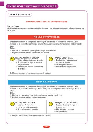 CONVERSACIÓN CON EL ENTREVISTADOR
Instrucciones
Usted deberá conversar con el entrevistador durante 3 o 4 minutos siguiendo la información que hay
en su ficha.
90
EXPRESIÓN E INTERACCIÓN ORALES
TAREA 4 Ejercicio 33
FICHA A: ENTREVISTADOR
Usted comenta con su compañero de trabajo la posibilidad de cambiar de empresa. Usted
le habla de la posibilidad de trabajar en una oficina, pero su compañero prefiere trabajar desde
casa.
Debe:
1. Decir a su compañero que le gusta trabajar en una oficina.
2. Explicar por qué prefiere trabajar en una oficina.
TRABAJAR EN UNA OFICINA
– Existe más contacto con la gente.
– Se diferencia el espacio personal
del profesional.
– Hay relación con los compañeros
de trabajo.
TRABAJO DESDE CASA
– Es aburrido y las relaciones
sociales se limitan.
– Se trabaja todo el día.
– Necesita más organización.
3. Llegar a un acuerdo con su compañero de trabajo.
FICHA B: CANDIDATO
Usted comenta con su compañero de trabajo la posibilidad de cambiar de empresa. Usted
le habla de la posibilidad de trabajar desde casa, pero su compañero prefiere trabajar desde la
oficina.
Debe:
1. Decir a su compañero de trabajo que le gusta trabajar desde casa.
2. Explicar por qué prefiere trabajar desde casa.
TRABAJAR DESDE CASA
– Libertad de horarios.
– No sé necesita transporte.
– Se puede cuidar a los niños.
TRABAJAR EN UNA OFICINA.
– Se gasta dinero y tiempo en
transporte.
– Hay horarios y normas.
– Se come fuera.
3. Llegar a un acuerdo con su compañero de trabajo.
 