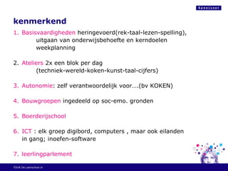kenmerkend
1. Basisvaardigheden heringevoerd(rek-taal-lezen-spelling),
uitgaan van onderwijsbehoefte en kerndoelen
weekplanning
2. Ateliers 2x een blok per dag
(techniek-wereld-koken-kunst-taal-cijfers)
3. Autonomie: zelf verantwoordelijk voor….(bv KOKEN)
4. Bouwgroepen ingedeeld op soc-emo. gronden
5. Boerderijschool
6. ICT : elk groep digibord, computers , maar ook eilanden
in gang; inoefen-software
7. leerlingparlement
TOUR De Leerschool.nl
 
