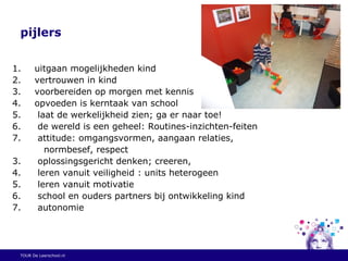 pijlers
1. uitgaan mogelijkheden kind
2. vertrouwen in kind
3. voorbereiden op morgen met kennis
4. opvoeden is kerntaak van school
5. laat de werkelijkheid zien; ga er naar toe!
6. de wereld is een geheel: Routines-inzichten-feiten
7. attitude: omgangsvormen, aangaan relaties,
normbesef, respect
3. oplossingsgericht denken; creeren,
4. leren vanuit veiligheid : units heterogeen
5. leren vanuit motivatie
6. school en ouders partners bij ontwikkeling kind
7. autonomie
TOUR De Leerschool.nl
 