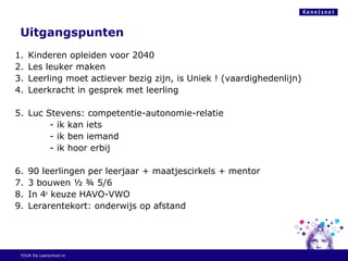Uitgangspunten
1. Kinderen opleiden voor 2040
2. Les leuker maken
3. Leerling moet actiever bezig zijn, is Uniek ! (vaardighedenlijn)
4. Leerkracht in gesprek met leerling
5. Luc Stevens: competentie-autonomie-relatie
- ik kan iets
- ik ben iemand
- ik hoor erbij
6. 90 leerlingen per leerjaar + maatjescirkels + mentor
7. 3 bouwen ½ ¾ 5/6
8. In 4e
keuze HAVO-VWO
9. Lerarentekort: onderwijs op afstand
TOUR De Leerschool.nl
 
