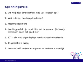 Spanningsveld:
1. Op weg naar eindexamen; hoe vul je gaten op ?
2. Wat is leren, hoe leren kinderen ?
3. Floormanagement
4. Leerlingprofiel : je moet hier wel in passen ! (iederwijs
leerlingen doen het goed hier!
5. ICT : elk kind eigen laptop; leerkrachtencompetentie !
6. Organisatie is lastig
7. Leerstof zelf zoeken arrangeren en creëren is moeilijk
TOUR De Leerschool.nl
 