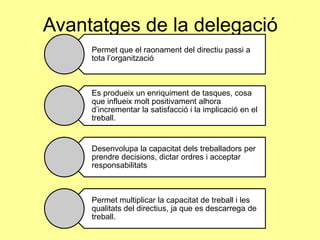 Avantatges de la delegació
Permet que el raonament del directiu passi a
tota l’organització
Es produeix un enriquiment de tasques, cosa
que influeix molt positivament alhora
d’incrementar la satisfacció i la implicació en el
treball.
Desenvolupa la capacitat dels treballadors per
prendre decisions, dictar ordres i acceptar
responsabilitats
Permet multiplicar la capacitat de treball i les
qualitats del directius, ja que es descarrega de
treball.
 