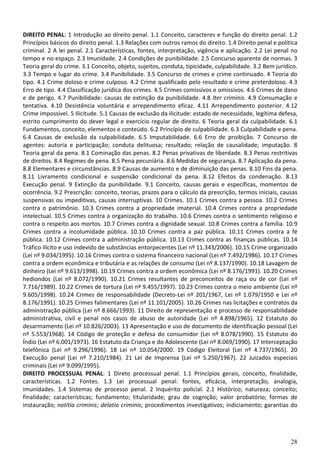 DIREITO PENAL: 1 Introdução ao direito penal. 1.1 Conceito, caracteres e função do direito penal. 1.2
Princípios básicos do direito penal. 1.3 Relações com outros ramos do direito. 1.4 Direito penal e política
criminal. 2 A lei penal. 2.1 Características, fontes, interpretação, vigência e aplicação. 2.2 Lei penal no
tempo e no espaço. 2.3 Imunidade. 2.4 Condições de punibilidade. 2.5 Concurso aparente de normas. 3
Teoria geral do crime. 3.1 Conceito, objeto, sujeitos, conduta, tipicidade, culpabilidade. 3.2 Bem jurídico.
3.3 Tempo e lugar do crime. 3.4 Punibilidade. 3.5 Concurso de crimes e crime continuado. 4 Teoria do
tipo. 4.1 Crime doloso e crime culposo. 4.2 Crime qualificado pelo resultado e crime preterdoloso. 4.3
Erro de tipo. 4.4 Classificação jurídica dos crimes. 4.5 Crimes comissivos e omissivos. 4.6 Crimes de dano
e de perigo. 4.7 Punibilidade: causas de extinção da punibilidade. 4.8 Iter criminis. 4.9 Consumação e
tentativa. 4.10 Desistência voluntária e arrependimento eficaz. 4.11 Arrependimento posterior. 4.12
Crime impossível. 5 Ilicitude. 5.1 Causas de exclusão da ilicitude: estado de necessidade, legítima defesa,
estrito cumprimento do dever legal e exercício regular de direito. 6 Teoria geral da culpabilidade. 6.1
Fundamentos, conceito, elementos e conteúdo. 6.2 Princípio de culpabilidade. 6.3 Culpabilidade e pena.
6.4 Causas de exclusão da culpabilidade. 6.5 Imputabilidade. 6.6 Erro de proibição. 7 Concurso de
agentes: autoria e participação; conduta delituosa; resultado; relação de causalidade; imputação. 8
Teoria geral da pena. 8.1 Cominação das penas. 8.2 Penas privativas de liberdade. 8.3 Penas restritivas
de direitos. 8.4 Regimes de pena. 8.5 Pena pecuniária. 8.6 Medidas de segurança. 8.7 Aplicação da pena.
8.8 Elementares e circunstâncias. 8.9 Causas de aumento e de diminuição das penas. 8.10 Fins da pena.
8.11 Livramento condicional e suspensão condicional da pena. 8.12 Efeitos da condenação. 8.13
Execução penal. 9 Extinção da punibilidade. 9.1 Conceito, causas gerais e específicas, momentos de
ocorrência. 9.2 Prescrição: conceito, teorias, prazos para o cálculo da prescrição, termos iniciais, causas
suspensivas ou impeditivas, causas interruptivas. 10 Crimes. 10.1 Crimes contra a pessoa. 10.2 Crimes
contra o patrimônio. 10.3 Crimes contra a propriedade imaterial. 10.4 Crimes contra a propriedade
intelectual. 10.5 Crimes contra a organização do trabalho. 10.6 Crimes contra o sentimento religioso e
contra o respeito aos mortos. 10.7 Crimes contra a dignidade sexual. 10.8 Crimes contra a família. 10.9
Crimes contra a incolumidade pública. 10.10 Crimes contra a paz pública. 10.11 Crimes contra a fé
pública. 10.12 Crimes contra a administração pública. 10.13 Crimes contra as finanças públicas. 10.14
Tráfico ilícito e uso indevido de substâncias entorpecentes (Lei nº 11.343/2006). 10.15 Crime organizado
(Lei nº 9.034/1995). 10.16 Crimes contra o sistema financeiro nacional (Lei nº 7.492/1986). 10.17 Crimes
contra a ordem econômica e tributária e as relações de consumo (Lei nº 8.137/1990). 10.18 Lavagem de
dinheiro (Lei nº 9.613/1998). 10.19 Crimes contra a ordem econômica (Lei nº 8.176/1991). 10.20 Crimes
hediondos (Lei nº 8.072/1990). 10.21 Crimes resultantes de preconceitos de raça ou de cor (Lei nº
7.716/1989). 10.22 Crimes de tortura (Lei nº 9.455/1997). 10.23 Crimes contra o meio ambiente (Lei nº
9.605/1998). 10.24 Crimes de responsabilidade (Decreto-Lei nº 201/1967, Lei nº 1.079/1950 e Lei nº
8.176/1991). 10.25 Crimes falimentares (Lei nº 11.101/2005). 10.26 Crimes nas licitações e contratos da
administração pública (Lei nº 8.666/1993). 11 Direito de representação e processo de responsabilidade
administrativa, civil e penal nos casos de abuso de autoridade (Lei nº 4.898/1965). 12 Estatuto do
desarmamento (Lei nº 10.826/2003). 13 Apresentação e uso de documento de identificação pessoal (Lei
nº 5.553/1968). 14 Código de proteção e defesa do consumidor (Lei nº 8.078/1990). 15 Estatuto do
Índio (Lei nº 6.001/1973). 16 Estatuto da Criança e do Adolescente (Lei nº 8.069/1990). 17 Interceptação
telefônica (Lei nº 9.296/1996). 18 Lei nº 10.054/2000. 19 Código Eleitoral (Lei nº 4.737/1965). 20
Execução penal (Lei nº 7.210/1984). 21 Lei de Imprensa (Lei nº 5.250/1967). 22 Juizados especiais
criminais (Lei nº 9.099/1995).
DIREITO PROCESSUAL PENAL: 1 Direto processual penal. 1.1 Princípios gerais, conceito, finalidade,
características. 1.2 Fontes. 1.3 Lei processual penal: fontes, eficácia, interpretação, analogia,
imunidades. 1.4 Sistemas de processo penal. 2 Inquérito policial. 2.1 Histórico; natureza; conceito;
finalidade; características; fundamento; titularidade; grau de cognição; valor probatório; formas de
instauração; notitia criminis; delatio criminis; procedimentos investigativos; indiciamento; garantias do




                                                                                                         28
 
