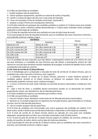 3.2.3 Não será permitido ao candidato:
I – receber qualquer tipo de ajuda física;
II – utilizar qualquer equipamento, aparelho ou material de auxílio à impulsão;
III – perder o contato de algum dos pés com o solo antes da impulsão;
IV – tocar com o(s) pé(s) a linha de medição inicial (salto “queimado”);
V – projetar o corpo à frente com consequente rolamento.
3.2.4 O salto realizado em quaisquer das condições proibidas no subitem 3.2.3 deste anexo será contado
como tentativa, sendo a distância saltada desconsiderada, e 2 (dois) saltos realizados nestas condições
implicarão na eliminação do candidato.
3.2.5 O teste de impulsão horizontal será realizado em caixa de salto (caixa de areia).
3.2.6 A pontuação do teste de impulsão horizontal, para os candidatos dos sexos masculino e feminino,
será atribuída conforme a tabela a seguir:
                               DISTÂNCIA
                                                                                      Pontos
              Masculino                           Feminino
Abaixo de 2,14                       Abaixo de 1,66                                  0,00 – Eliminado
De 2,14 a menos de 2,22              De 1,66 a menos de 1,74                            2,00
De 2,22 a menos de 2,30              De 1,74 a menos de 1,82                            3,00
De 2,30 a menos de 2,38              De 1,82 a menos de 1,90                            4,00
De 2,38 a 2,45                       De 1,90 a 1,97                                     5,00
Acima de 2,45                        Acima de 1,97                                      6,00
3.2.7 O candidato do sexo masculino que não obtiver o desempenho mínimo de 2,14 metros em uma
das duas tentativas e o candidato do sexo feminino que não obtiver o desempenho mínimo de 1,66
metros em uma das duas tentativas estarão impedidos de prosseguir no Exame de Aptidão Física e serão
considerados eliminados do certame.
3.3 Do Teste de Corrida de 12 (doze) Minutos
3.3.1 A metodologia para a preparação e execução do teste de corrida de 12 (doze) minutos, para os
candidatos dos sexos masculino e feminino, será a seguinte:
I – o candidato deverá, no tempo de 12 (doze) minutos, percorrer a maior distância possível. O
candidato poderá, durante os 12 (doze) minutos, se deslocar em qualquer ritmo, correndo ou
caminhando, podendo, inclusive, parar e depois prosseguir;
II – o início e o término do teste serão indicados ao comando da banca examinadora, emitido por sinal
sonoro;
III – após o final do teste, o candidato deverá permanecer parado ou se deslocando em sentido
perpendicular à pista, sem abandoná-la, até ser liberado pela banca.
3.3.2 Cada candidato terá apenas uma tentativa para realizar o teste.
3.3.3 Não será permitido ao candidato:
I – uma vez iniciado o teste, abandonar a pista antes de ser liberado pela banca examinadora;
II – deslocar-se, no sentido progressivo ou regressivo da marcação da pista, após finalizados os 12 (doze)
minutos, sem ter sido liberado pela banca;
III – dar ou receber qualquer tipo de ajuda física.
3.3.4 O teste do candidato será interrompido caso ocorra quaisquer das proibições do subitem 3.3.3
deste anexo, sendo a distância percorrida desconsiderada e implicando na eliminação do candidato.
3.3.5 O teste de corrida de 12 (doze) minutos deverá ser aplicado em uma pista com condições
adequadas, apropriada para corrida e com marcação escalonada a cada 10 (dez) metros.
3.3.5.1 O piso da pista de corrida de 12 (doze) minutos poderá ser asfáltico, de concreto, sintético, de
carvão, de cascalho, de saibro, dentre outros tipos de materiais existentes.
3.3.6 A pontuação do teste de corrida de 12 (doze) minutos, para os candidatos dos sexos masculino e
feminino, será atribuída conforme a tabela a seguir.




                                                                                                       36
 