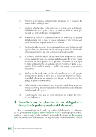 Anexos

b)	

Asesorar a las familias del alumnado del grupo en el ejercicio de
sus derechos y obligaciones.

c)	

Implicar a las familias en la mejora de la convivencia y de la actividad docente en el grupo y en el centro e impulsar su participación en las actividades que se organicen.

d)	

Fomentar y facilitar la comunicación de las madres y los padres
del alumnado con el tutor o tutora del grupo y con el resto del
profesorado que imparte docencia al mismo.

e)	

Facilitar la relación entre las familias del alumnado del grupo y el
equipo directivo, la asociación de padres y madres del alumnado
y los representantes de este sector en el consejo escolar.

f)	

Colaborar en el desarrollo de las actividades programa­ as por el
d
centro para informar a las familias del alumnado del grupo y para
estimular su participación en el proceso educa­ ivo de sus hijos
t
e hijas, especialmente en actuaciones preventivas y para la detección de la conflictividad y el establecimiento de compromisos
educativos.

g)	

Mediar en la resolución pacífica de conflictos entre el propio
alumnado del grupo o entre éste y cualquier miembro de la comunidad educativa, de acuerdo con lo que, a tales efectos, disponga el plan de convivencia.

h)	

Colaborar en el establecimiento y seguimiento de los compromisos educativos y de convivencia que se suscriban con las familias
del alumnado del grupo.

i)	

Cualesquiera otras que les sean atribuidas en el plan de convivencia del centro.

4. 	Procedimiento

de elección de los delegados y
delegadas de padres y madres del alumnado.

Las personas delegadas de padres y madres del alum­ ado en cada uno
n
de los grupos serán elegidas para cada curso escolar por los propios padres,
madres, o quienes ejer­ an la tutela del alumnado del grupo en la reunión
z
que, de acuerdo con la normativa de organización y funcionamiento  de los

100

Delegados y Delegadas de Padres y Madres.

 
