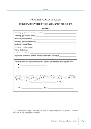 Anexos

FICHA DE RECOGIDA DE DATOS
DE LOS PADRES Y MADRES DEL ALUMNADO DEL GRUPO
Modelo I7

Un momento óptimo para la recogida de datos de los padres y madres del grupo es la sesión
en la que se elija al delegado o delegada.

7

Delegados y Delegadas de Padres y Madres.

105

 