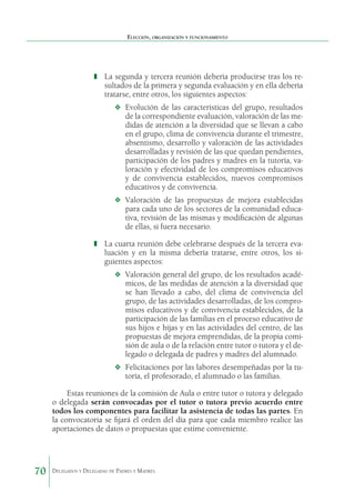 Elección, organización y funcionamiento

❚	 La segunda y tercera reunión debería producirse tras los re-

sultados de la primera y segunda evaluación y en ella debería
tratarse, entre otros, los siguientes aspectos:
❖	 Evolución de las características del grupo, resultados

de la correspondiente evaluación, valoración de las medidas de atención a la diversidad que se llevan a cabo
en el grupo, clima de convivencia durante el trimestre,
absentismo, desarrollo y valoración de las actividades
desarrolladas y revisión de las que quedan pendientes,
participación de los padres y madres en la tutoría, valoración y efectividad de los compromisos educativos
y de convivencia establecidos, nuevos compromisos
educativos y de convivencia.

❖	 Valoración de las propuestas de mejora establecidas

para cada uno de los sectores de la comunidad educativa, revisión de las mismas y modificación de algunas
de ellas, si fuera necesario.

❚	 La cuarta reunión debe celebrarse después de la tercera eva-

luación y en la misma debería tratarse, entre otros, los siguientes aspectos:
❖	 Valoración general del grupo, de los resultados acadé-

micos, de las medidas de atención a la diversidad que
se han llevado a cabo, del clima de convivencia del
grupo, de las actividades desarrolladas, de los compromisos educativos y de convivencia establecidos, de la
participación de las familias en el proceso educativo de
sus hijos e hijas y en las actividades del centro, de las
propuestas de mejora emprendidas, de la propia comisión de aula o de la relación entre tutor o tutora y el delegado o delegada de padres y madres del alumnado.

❖	 Felicitaciones por las labores desempeñadas por la tu-

toría, el profesorado, el alumnado o las familias.

Estas reuniones de la comisión de Aula o entre tutor o tutora y delegado
o delegada serán convocadas por el tutor o tutora previo acuerdo entre
todos los componentes para facilitar la asistencia de todas las partes. En
la convocatoria se fijará el orden del día para que cada miembro realice las
aportaciones de datos o propuestas que estime conveniente.

70

Delegados y Delegadas de Padres y Madres.

 