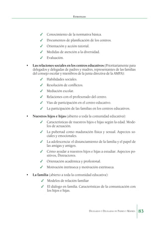 Estrategias

✓	 Conocimiento de la normativa básica.
✓	 Documentos de planificación de los centros.
✓	 Orientación y acción tutorial.
✓	 Medidas de atención a la diversidad.
✓	 Evaluación.
•	 Las relaciones sociales en los centros educativos (Prioritariamente para
delegados y delegadas de padres y madres, representantes de las familias
del consejo escolar y miembros de la junta directiva de la AMPA):
✓	 Habilidades sociales.
✓	 Resolución de conflictos.
✓	 Mediación escolar.
✓	 Relaciones con el profesorado del centro.
✓	 Vías de participación en el centro educativo.
✓	 La participación de las familias en los centros educativos.
•	 Nuestros hijos e hijas (abierto a toda la comunidad educativa):
✓	 Características de nuestros hijos e hijas según la edad. Modelos de actuación.
✓	 La pubertad como maduración física y sexual. Aspectos so­
ciales y emocionales.
✓	 La adolescencia: el distanciamiento de la familia y el papel de
las amigas y amigos.
✓	 Cómo ayudar a nuestros hijos e hijas a estudiar. Aspectos positivos, Distractores.
✓	 Orientación académica y profesional.
✓	 Motivación intrínseca y motivación extrínseca.
•	 La familia (abierto a toda la comunidad educativa):
✓	 Modelos de relación familiar
✓	 El diálogo en familia. Características de la comunicación con
los hijos e hijas.

Delegados y Delegadas de Padres y Madres.

83

 