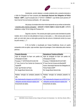 5
Inicialmente, convém destacar a conexão existente entre a presente demanda e
a Ação de Obrigação de Fazer proposta pela Associação Nacional dos Delegados de Polícia
Federal – ADPF, a qual foi autuada sob o nº 2015.01.1.0008630-7, cujo trâmite ocorre perante a 8ª
Vara Cível do Foro da Comarca de Brasília – DF, cópia anexa.
Isto porque, da simples leitura das iniciais depreende-se que ambas as demandas,
- propostas pelos mesmos advogados – possuem o mesmo objeto e causa de pedir, conforme
estabelece o artigo 103 do Código de Processo Civil.
Segundo a doutrina: “Há conexão pelo objeto quando existe identidade de pedido
mediato, isto é, do bem da vida pleiteado em duas ou mais ações. (...). São conexas pela causa de
pedir, por outro lado, duas ou mais ações quando lhes são comuns o fundamento remoto (ou causa
de pedir remota): (...)”1.
A fim de facilitar a visualização por Vossas Excelências, faz-se um quadro
comparativo entre as ações, cujas exordiais, diga-se de passagem, foram elaboradas pelos mesmos
patronos:
Presente Demanda:
Ação de obrigação de fazer com pedido de
antecipação de tutela
Processo nº 1037079-65.2015.8.26.0100
2ª Vara Cível do Foro Central da Comarca da
Capital/SP
Autor: Igor Romário de Paula
Ré: Google Brasil Internet Ltda.
Demanda em Tramite em Brasília
Ação de obrigação de fazer com pedido de
antecipação de tutela
Processo nº 0002428-58.2015.8.07.0001
8ª Vara Cível da Comarca de Brasília/DF
Autora: Associação Nacional dos Delegados de
Polícia Federal ADPF
Ré: Google Brasil Internet Ltda.
Pedidos: remoção do conteúdo presente na
URL
http://dasilvakaolho.blogspot.com.br/2014/11/os
-delegados-aecistas-deixaram-digitais.html e
fornecimento de dados.
Pedidos: remoção do conteúdo presente na
URL
http://dasilvakaolho.blogspot.com.br/2014/11/os
-delegados-aecistas-deixaram-digitais.html e
fornecimento de dados.
1
MACHADO, Antonio Cláudio da Costa, Código de Processo Civil Interpretado, 7 ed., São Paulo, Manole, 2008, p.
107.
Paraconferirooriginal,acesseositehttps://esaj.tjsp.jus.br/esaj,informeoprocesso2099602-08.2015.8.26.0000ecódigo184B56B.
Estedocumentofoiprotocoladoem06/07/2015às16:44,écópiadooriginalassinadodigitalmenteporTribunaldeJusticaSaoPauloeELIANARAMOSSATO.
fls. 181
 