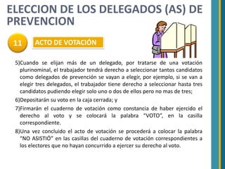 ELECCION DE LOS DELEGADOS (AS) DE
PREVENCION
 11      ACTO DE VOTACIÓN

 5)Cuando se elijan más de un delegado, por tratarse de una votación
   plurinominal, el trabajador tendrá derecho a seleccionar tantos candidatos
   como delegados de prevención se vayan a elegir, por ejemplo, si se van a
   elegir tres delegados, el trabajador tiene derecho a seleccionar hasta tres
   candidatos pudiendo elegir solo uno o dos de ellos pero no mas de tres;
 6)Depositarán su voto en la caja cerrada; y
 7)Firmarán el cuaderno de votación como constancia de haber ejercido el
   derecho al voto y se colocará la palabra “VOTO”, en la casilla
   correspondiente.
 8)Una vez concluido el acto de votación se procederá a colocar la palabra
   “NO ASISTIÓ” en las casillas del cuaderno de votación correspondientes a
   los electores que no hayan concurrido a ejercer su derecho al voto.
 