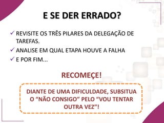 E SE DER ERRADO?
 REVISITE OS TRÊS PILARES DA DELEGAÇÃO DE
TAREFAS.
 ANALISE EM QUAL ETAPA HOUVE A FALHA
 E POR FIM...
RECOMEÇE!
DIANTE DE UMA DIFICULDADE, SUBSITUA
O “NÃO CONSIGO” PELO “VOU TENTAR
OUTRA VEZ”!
 