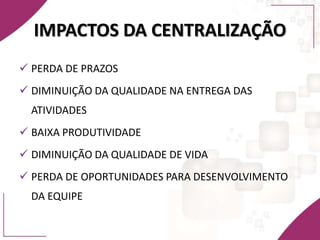 IMPACTOS DA CENTRALIZAÇÃO
 PERDA DE PRAZOS
 DIMINUIÇÃO DA QUALIDADE NA ENTREGA DAS
ATIVIDADES
 BAIXA PRODUTIVIDADE
 DIMINUIÇÃO DA QUALIDADE DE VIDA
 PERDA DE OPORTUNIDADES PARA DESENVOLVIMENTO
DA EQUIPE
 