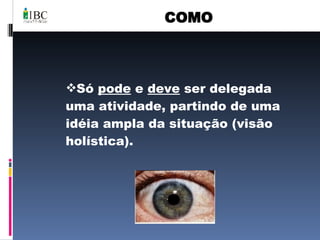 COMO Só  pode  e  deve  ser delegada uma atividade, partindo de uma idéia ampla da situação (visão holística). 