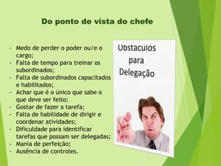 Do ponto de vista do chefe
- Medo de perder o poder ou/e o
cargo;
- Falta de tempo para treinar os
subordinados;
- Falta de subordinados capacitados
e habilitados;
- Achar que é o único que sabe o
que deve ser feito;
- Gostar de fazer a tarefa;
- Falta de habilidade de dirigir e
coordenar atividades;
- Dificuldade para identificar
tarefas que possam ser delegadas;
- Mania de perfeição;
- Ausência de controles.

 