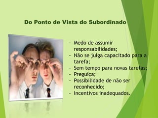 Do Ponto de Vista do Subordinado

- Medo de assumir
responsabilidades;
- Não se julga capacitado para a
tarefa;
- Sem tempo para novas tarefas;
- Preguiça;
- Possibilidade de não ser
reconhecido;
- Incentivos inadequados.

 
