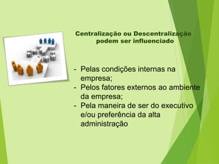 Centralização ou Descentralização
podem ser influenciado

- Pelas condições internas na
empresa;
- Pelos fatores externos ao ambiente
da empresa;
- Pela maneira de ser do executivo
e/ou preferência da alta
administração

 
