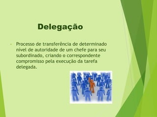 Delegação
•

Processo de transferência de determinado
nível de autoridade de um chefe para seu
subordinado, criando o correspondente
compromisso pela execução da tarefa
delegada.

 