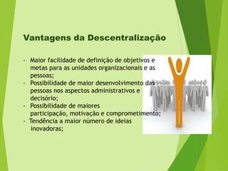 Vantagens da Descentralização
- Maior facilidade de definição de objetivos e
metas para as unidades organizacionais e as
pessoas;
- Possibilidade de maior desenvolvimento das
pessoas nos aspectos administrativos e
decisório;
- Possibilidade de maiores
participação, motivação e comprometimento;
- Tendência a maior número de ideias
inovadoras;

 