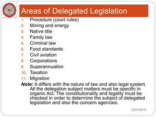 Areas of Delegated Legislation
12/27/2019
1. Procedure (court rules)
2. Mining and energy
3. Native title
4. Family law
5. Criminal law
6. Food standards
7. Civil aviation
8. Corporations
9. Superannuation
10. Taxation
11. Migration
Note: It differs with the nature of law and also legal system.
All the delegation subject matters must be specific in
organic Act. The constitutionality and legality must be
checked in order to determine the subject of delegated
legislation and also the concern agencies.
 