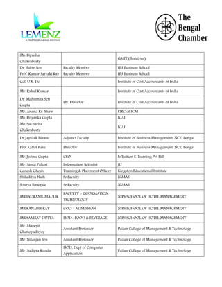 Ms. Bipasha

GMIT (Baruipur)

Chakrabarty
Dr. Subir Sen

Faculty Member

IBS Business School

Prof. Kumar Satyaki Ray

Faculty Member

IBS Business School

Col. U K. De

Institute of Cost Accountants of India

Mr. Rahul Kumar

Institute of Cost Accountants of India

Dr. Mahumita Sen
Gupta

Dy. Director

Institute of Cost Accountants of India

Mr. Anand Kr. Shaw

EIRC of ICAI

Ms. Priyanka Gupta

ICAI

Ms. Sucharita

ICAI

Chakraborty

Dr Jaytilak Biswas

Adjunct Faculty

Institute of Business Management, NCE, Bengal

Prof Kallol Basu

Director

Institute of Business Management, NCE, Bengal

Mr. Jishnu Gupta

CEO

InTuition E-learning Pvt Ltd

Mr. Samit Pahari

Information Scientist

JU

Ganesh Ghosh

Training & Placement Officer

Kingston Educational Institute

Shiladitya Nath

Sr.Faculty

NIMAS

Sourya Banerjee

Sr.Faculty

NIMAS

MR.INDRANIL MAULIK

FACULTY - INFORMATION
TECHNOLOGY

NIPS SCHOOL OF HOTEL MANAGEMENT

MR.RANABIR RAY

COO - ADMISSION

NIPS SCHOOL OF HOTEL MANAGEMENT

MR.SAMRAT DUTTA

HOD- FOOD & BEVERAGE

NIPS SCHOOL OF HOTEL MANAGEMENT

Assistant Professor

Pailan College of Management & Technology

Assistant Professor

Pailan College of Management & Technology

Mr. Manojit

Chattopadhyay
Mr. Nilanjan Sen
Mr. Sudipta Kundu

HOD, Dept of Computer
Application

Pailan College of Management & Technology

 