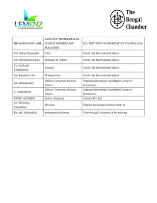 HRISHIKESH BHAUMIK

ASSOCIATE PROFESSOR & INCHARGE TRAINING AND

RCC INSTITUTE OF INFORMATION TECHNOLOGY

Col. Adhip Majumder

CAO

South City International School

Mr. Dhrubajtoti Dutta

Manager IT-Admin

South City International School

Teacher

South City International School

IT Supervisor

South City International School

Officer-Corporate Relation

Supreme Knowledge Foundation Group of

Officer-Corporate Relation

Supreme Knowledge Foundation Group of

System Engineer

Syntron Pvt. Ltd.

Director

Shivam Knowledge Solutions Pvt Ltd

Information Scientist

West Bengal University of Technology

Mr. Sankarjit
Chakraborty

Ms. Rajashree Das
Mr. Nilanjan Roy
S. Chakraborty
RABIN ACHARJEE
Mr. Nirmalya
Chaudhuri

Dr. Md. Aftabuddin

PLACEMENT

Affairs
Affairs

Institutions
Institutions

 