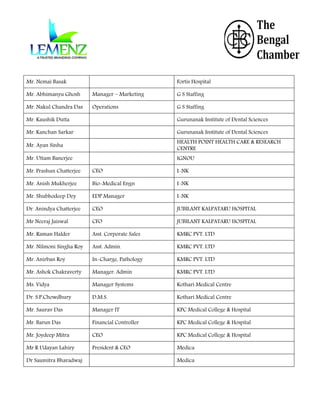 Mr. Nemai Basak

Fortis Hospital

Mr. Abhimanyu Ghosh

Manager – Marketing

G S Staffing

Mr. Nakul Chandra Das

Operations

G S Staffing

Mr. Kaushik Dutta

Gurunanak Institute of Dental Sciences

Mr. Kanchan Sarkar

Gurunanak Institute of Dental Sciences

Mr. Ayan Sinha

HEALTH POINT HEALTH CARE & RESEARCH
CENTRE

Mr. Uttam Banerjee

IGNOU

Mr. Prashun Chatterjee

CEO

I-NK

Mr. Anish Mukherjee

Bio-Medical Engn

I-NK

Mr. Shubhodeep Dey

EDP Manager

I-NK

Dr. Anindya Chatterjee

CEO

JUBILANT KALPATARU HOSPITAL

Mr Neeraj Jaiswal

CFO

JUBILANT KALPATARU HOSPITAL

Mr. Raman Halder

Asst. Corporate Sales

KMRC PVT. LTD

Mr. Nilmoni Singha Roy

Asst. Admin.

KMRC PVT. LTD

Mr. Anirban Roy

In-Charge, Pathology

KMRC PVT. LTD

Mr. Ashok Chakraverty

Manager. Admin

KMRC PVT. LTD

Ms. Vidya

Manager Systems

Kothari Medical Centre

Dr. S.P.Chowdhury

D.M.S.

Kothari Medical Centre

Mr. Saurav Das

Manager IT

KPC Medical College & Hospital

Mr. Barun Das

Financial Controller

KPC Medical College & Hospital

Mr. Joydeep Mitra

CEO

KPC Medical College & Hospital

Mr R Udayan Lahiry

President & CEO

Medica

Dr Saumitra Bharadwaj

Medica

 