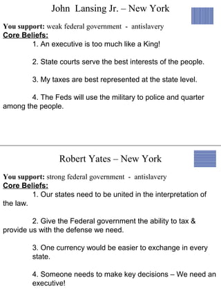 John Lansing Jr. – New York
Robert Yates – New York
You support: weak federal government - antislavery
Core Beliefs:
1. An executive is too much like a King!
2. State courts serve the best interests of the people.
3. My taxes are best represented at the state level.
4. The Feds will use the military to police and quarter
among the people.
You support: strong federal government - antislavery
Core Beliefs:
1. Our states need to be united in the interpretation of
the law.
2. Give the Federal government the ability to tax &
provide us with the defense we need.
3. One currency would be easier to exchange in every
state.
4. Someone needs to make key decisions – We need an
executive!
 