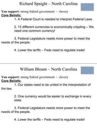 Richard Spaight – North Carolina
William Blount – North Carolina
You support: strong federal government - slavery
Core Beliefs:
1. A Federal Court is needed to interpret Federal Laws.
2. 13 different currencies is economically crippling – We
need one common currency!
3. Federal Legislature needs more power to meet the
needs of the people.
4. Lower the tariffs – Feds need to regulate trade!
You support: strong federal government - slavery
Core Beliefs:
1. Our states need to be united in the interpretation of
the law.
2. One currency would be easier to exchange in every
state.
3. Federal Legislature needs more power to meet the
needs of the people.
4. Lower the tariffs – Feds need to regulate trade!
 