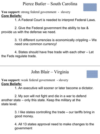 Pierce Butler – South Carolina
John Blair – Virginia
You support: strong federal government - slavery
Core Beliefs:
1. A Federal Court is needed to interpret Federal Laws.
2. Give the Federal government the ability to tax &
provide us with the defense we need.
3. 13 different currencies is economically crippling – We
need one common currency!
4. States should have free trade with each other – Let
the Feds regulate trade.
You support: weak federal government - slavery
Core Beliefs:
1. An executive will sooner or later become a dictator.
2. My son will not fight and die in a war to defend
another state – only this state. Keep the military at the
state level.
3. I like states controlling the trade – our tariffs bring in
good money.
4. All 13 states approval need to make changes to the
government
 