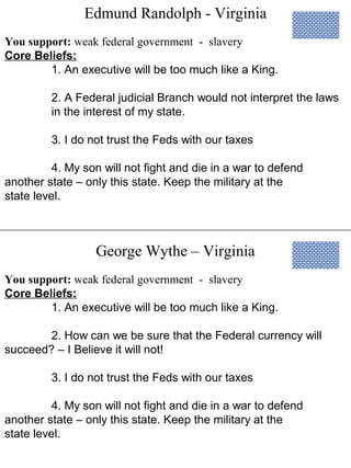 Edmund Randolph - Virginia
George Wythe – Virginia
You support: weak federal government - slavery
Core Beliefs:
1. An executive will be too much like a King.
2. A Federal judicial Branch would not interpret the laws
in the interest of my state.
3. I do not trust the Feds with our taxes
4. My son will not fight and die in a war to defend
another state – only this state. Keep the military at the
state level.
You support: weak federal government - slavery
Core Beliefs:
1. An executive will be too much like a King.
2. How can we be sure that the Federal currency will
succeed? – I Believe it will not!
3. I do not trust the Feds with our taxes
4. My son will not fight and die in a war to defend
another state – only this state. Keep the military at the
state level.
 