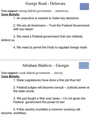 George Read - Delaware
Abraham Baldwin – Georgia
You support: strong federal government - antislavery
Core Beliefs:
1. An executive is needed to make key decisions.
2. We are all Americans – Trust the Federal Government
with you taxes!
3. We need a Federal government that can militarily
defend us.
4. We need to permit the Feds to regulate foreign trade
You support: weak federal government - slavery
Core Beliefs:
1. State Legislatures have done a fine job thus far!
2. Federal judges will become corrupt – Judicial power at
the state courts.
3. We just fought a War over taxes – I’m not given the
Federal government the power to tax!
4. If this country crumbles a common currency will
become worthless.
 
