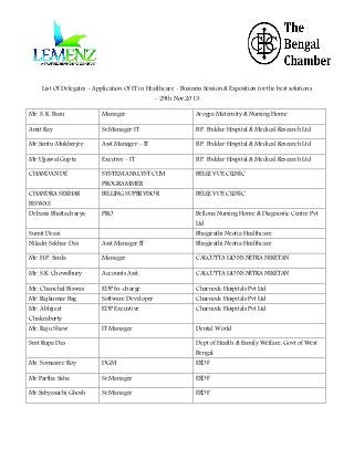 List Of Delegates – Application Of IT in Healthcare - Business Session & Exposition for the best solutions
- 29th Nov.2013
Mr. S. K. Basu

Manager

Arogya Maternity & Nursing Home

Amit Ray

Sr.Manager IT

B.P. Poddar Hospital & Medical Research Ltd

Mr.Santu Mukherjee

Asst.Manager - IT

B.P. Poddar Hospital & Medical Research Ltd

Mr.Ujjawal Gupta

Exective - IT

B.P. Poddar Hospital & Medical Research Ltd

CHANDAN DE

SYSTEM ANALYST CUM

BELLE VUE CLINIC

CHANDRA SEKHAR

BILLING SUPERVISOR

BELLE VUE CLINIC

Debasis Bhattacharya

PRO

Bellona Nursing Home & Diagnostic Centre Pvt

BISWAS

PROGRAMMER

Sumit Deasi

Ltd

Bhagirathi Neotia Healthcare

Niladri Sekhar Das

Asst Manager IT

Bhagirathi Neotia Healthcare

Mr. H.P. Sarda

Manager

CALCUTTA LIONS NETRA NIKETAN

Mr. S.K. Chowdhury

Accounts Asst.

CALCUTTA LIONS NETRA NIKETAN

Mr. Chanchal Biswas

EDP In-charge

Charnock Hospitals Pvt Ltd

Mr. Rajkumar Bag

Software Developer

Charnock Hospitals Pvt Ltd

Mr. Abhijeet

EDP Executive

Charnock Hospitals Pvt Ltd

Mr. Raju Shaw

IT Manager

Dental World

Chakraborty
Smt Rupa Das

Dept of Health & Family Welfare, Govt of West
Bengal

Ms. Somasree Roy

DGM

EEDF

Mr.Partha Saha

Sr.Manager

EEDF

Mr.Sabyasachi Ghosh

Sr.Manager

EEDF

 