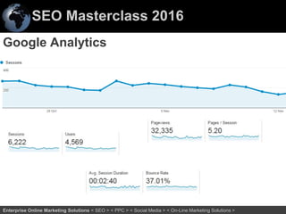SEO Masterclass 2016
7Enterprise Online Marketing Solutions < SEO > < PPC > < Social Media > < On-Line Marketing Solutions >
Google Analytics
 