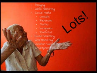 SEO Masterclass 2016
74Enterprise Online Marketing Solutions < SEO > < PPC > < Social Media > < On-Line Marketing Solutions >
• Blogging
• Video Marketing
• Social Media
• Linkedin
• Facebook
• Twitter
• Instagram
• Pinterest
• Email Marketing
• Viral Marketing
• Location based marketing
• Smartphone apps
 