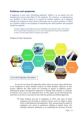 Page | 11
Problems and symptoms
A diagnosis is more than „identifying problems‟. Rather it is an inquiry into the
fundamental causes (and effect) of the problems. For instance, in organisations,
one „problem‟ is often related to or caused by another problem. So a diagnosis
includes the analysis of „other factors‟ which give rise to a given problem. In effect,
our „problem‟ might be the symptom of something else. Both problem and symptom
should be explored.
Activity :Taking each problem that you identified in the previous step, write down
if it is caused by something else. If so, try to articulate that causes this „problem‟
to arise. Use the space below to express your ideas.
Problems & Their Symptoms:
As can be seen from the algorithm above; there are many steps which have
to be completed in Solar Dukkan projects by Solar Dukkan. Because of that
reason; different key skill teams are involving to project in different points.
Professional project management approach is helping Solar Dukkan to minimize
its failures, but it has to be improved more. In this paper we are discussing how
and when to do this to overcome by late delivery periods and official approvals.
Solar Dukkan has got 8 employees in 2013 and each of these
employees are focusing on separate issues; such as Yelgin in legal,
Chris in BD (Business Development). This; having limited number of
employees can result in profession shifting in loaded times. For
example; Zeynep‟s profession is in marketing but because of heavy
Customer
Welcoming
Offer
Marketing Transportaion
Installation
Service
View 2.Work Algorithm_ Solar Dukkan
 