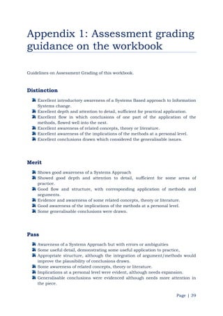 Page | 39
Appendix 1: Assessment grading
guidance on the workbook
Guidelines on Assessment Grading of this workbook.
Distinction
Excellent introductory awareness of a Systems Based approach to Information
Systems change.
Excellent depth and attention to detail, sufficient for practical application.
Excellent flow in which conclusions of one part of the application of the
methods, flowed well into the next.
Excellent awareness of related concepts, theory or literature.
Excellent awareness of the implications of the methods at a personal level.
Excellent conclusions drawn which considered the generalisable issues.
Merit
Shows good awareness of a Systems Approach
Showed good depth and attention to detail, sufficient for some areas of
practice.
Good flow and structure, with corresponding application of methods and
arguments.
Evidence and awareness of some related concepts, theory or literature.
Good awareness of the implications of the methods at a personal level.
Some generalisable conclusions were drawn.
Pass
Awareness of a Systems Approach but with errors or ambiguities
Some useful detail, demonstrating some useful application to practice,
Appropriate structure, although the integration of argument/methods would
improve the plausibility of conclusions drawn.
Some awareness of related concepts, theory or literature.
Implications at a personal level were evident, although needs expansion.
Generalisable conclusions were evidenced although needs more attention in
the piece.
 