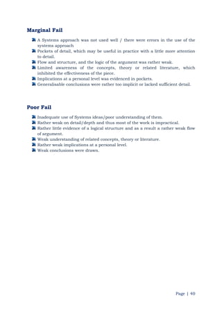 Page | 40
Marginal Fail
A Systems approach was not used well / there were errors in the use of the
systems approach
Pockets of detail, which may be useful in practice with a little more attention
to detail.
Flow and structure, and the logic of the argument was rather weak.
Limited awareness of the concepts, theory or related literature, which
inhibited the effectiveness of the piece.
Implications at a personal level was evidenced in pockets.
Generalisable conclusions were rather too implicit or lacked sufficient detail.
Poor Fail
Inadequate use of Systems ideas/poor understanding of them.
Rather weak on detail/depth and thus most of the work is impractical.
Rather little evidence of a logical structure and as a result a rather weak flow
of argument.
Weak understanding of related concepts, theory or literature.
Rather weak implications at a personal level.
Weak conclusions were drawn.
 