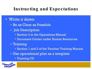 Instructing and Expectations Write it down Be as Clear as Possible Job Description Section 3 in the Operations Manual Document Center under Human Resources Training Section 1 and 2 of the Teacher Training Manual Use operational plan as a template Training CD 