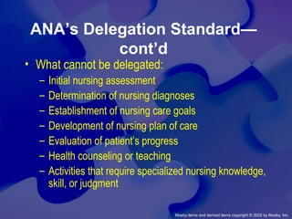 Mosby items and derived items copyright © 2002 by Mosby, Inc.
ANA’s Delegation Standard—
cont’d
• What cannot be delegated:
– Initial nursing assessment
– Determination of nursing diagnoses
– Establishment of nursing care goals
– Development of nursing plan of care
– Evaluation of patient’s progress
– Health counseling or teaching
– Activities that require specialized nursing knowledge,
skill, or judgment
 
