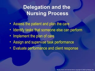 Mosby items and derived items copyright © 2002 by Mosby, Inc.
Delegation and the
Nursing Process
• Assess the patient and plan the care
• Identify tasks that someone else can perform
• Implement the plan of care
• Assign and supervise task performance
• Evaluate performance and client response
 
