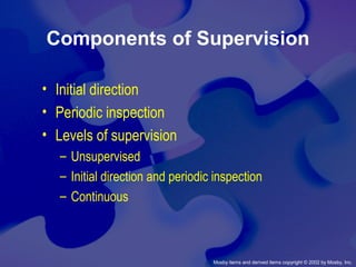 Mosby items and derived items copyright © 2002 by Mosby, Inc.
Components of Supervision
• Initial direction
• Periodic inspection
• Levels of supervision
– Unsupervised
– Initial direction and periodic inspection
– Continuous
 