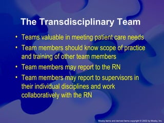 Mosby items and derived items copyright © 2002 by Mosby, Inc.
The Transdisciplinary Team
• Teams valuable in meeting patient care needs
• Team members should know scope of practice
and training of other team members
• Team members may report to the RN
• Team members may report to supervisors in
their individual disciplines and work
collaboratively with the RN
 