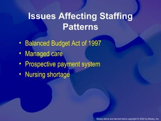 Mosby items and derived items copyright © 2002 by Mosby, Inc.
Issues Affecting Staffing
Patterns
• Balanced Budget Act of 1997
• Managed care
• Prospective payment system
• Nursing shortage
 