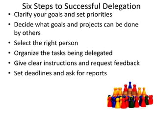 Six Steps to Successful Delegation
• Clarify your goals and set priorities
• Decide what goals and projects can be done
by others
• Select the right person
• Organize the tasks being delegated
• Give clear instructions and request feedback
• Set deadlines and ask for reports