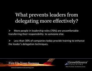Fire Up Your Success
www.GrowthSourceCoaching.com
When You Grow, Your Business Grows
What prevents leaders from
delegating more effectively?
 More people in leadership roles (70%) are uncomfortable
transferring their responsibility to someone else.
 Less than 30% of companies today provide training to enhance
the leader’s delegation techniques.
 