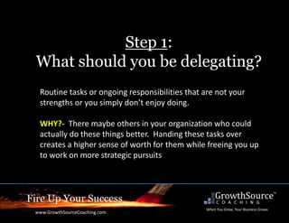 Fire Up Your Success
www.GrowthSourceCoaching.com
When You Grow, Your Business Grows
Step 1:
What should you be delegating?
Routine tasks or ongoing responsibilities that are not your
strengths or you simply don’t enjoy doing.
WHY?- There maybe others in your organization who could
actually do these things better. Handing these tasks over
creates a higher sense of worth for them while freeing you up
to work on more strategic pursuits
 
