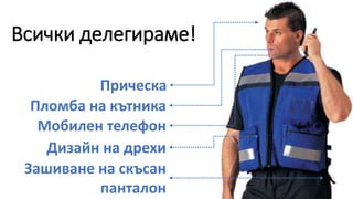 Всички делегираме!
Прическа
Мобилен телефон
Дизайн на дрехи
Зашиване на скъсан
панталон
Пломба на кътника
 