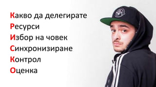 Какво да делегирате
Ресурси
Избор на човек
Синхронизиране
Контрол
Оценка
К
Р
И
С
К
О
 